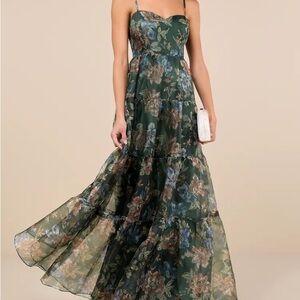 Lulu’s Exclusive Glamour Green Floral Organza Tiered Maxi Dress